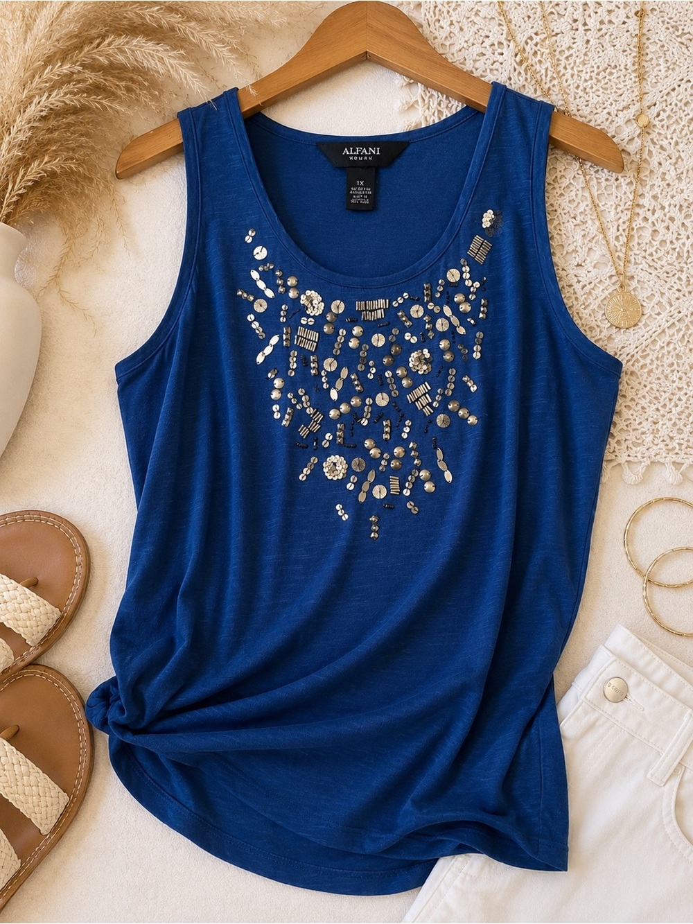 Alfani Woman 1X Blue Embellished Tank Top‎ Metallic Studded Sleeveless Blouse